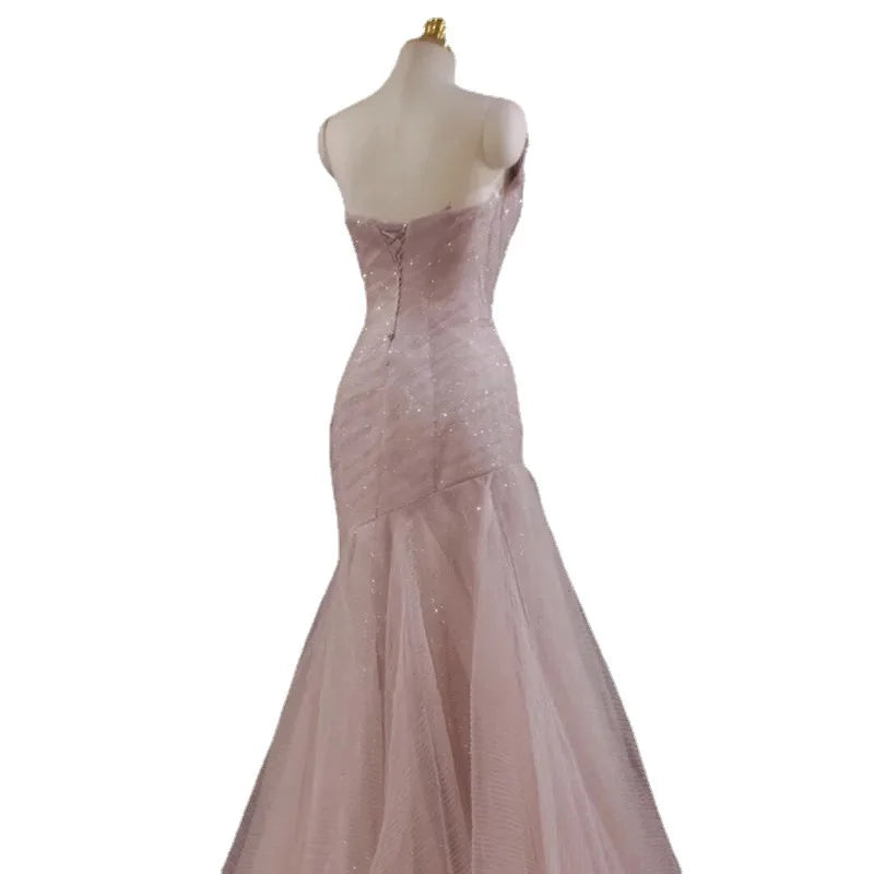 French-Style Luxury Pink Evening Wedding Dress for Women Fishtail Trailing Light Short Sling Fairy Host Sequined Lace-Up Back
