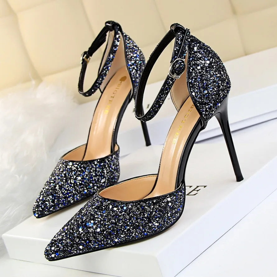Wholesale Luxury Ladies' Summer Stilettos High Quality Bling Sandals Anti-Slippery Thin Heels with Ankle Buckle Bridal Shoes
