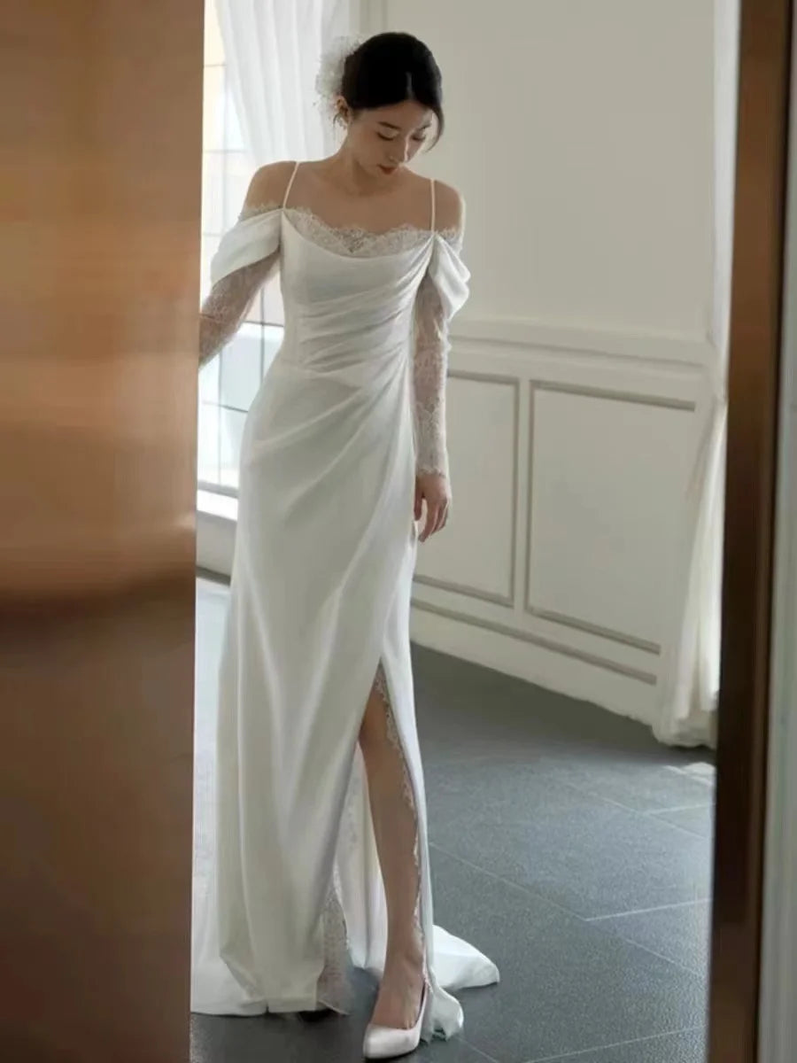 S0176G   2026 New Satin -shaped Shoulder Strap Simple Korean Welcome Bride Dragging Lace Party Dresses Women Evening Elegance