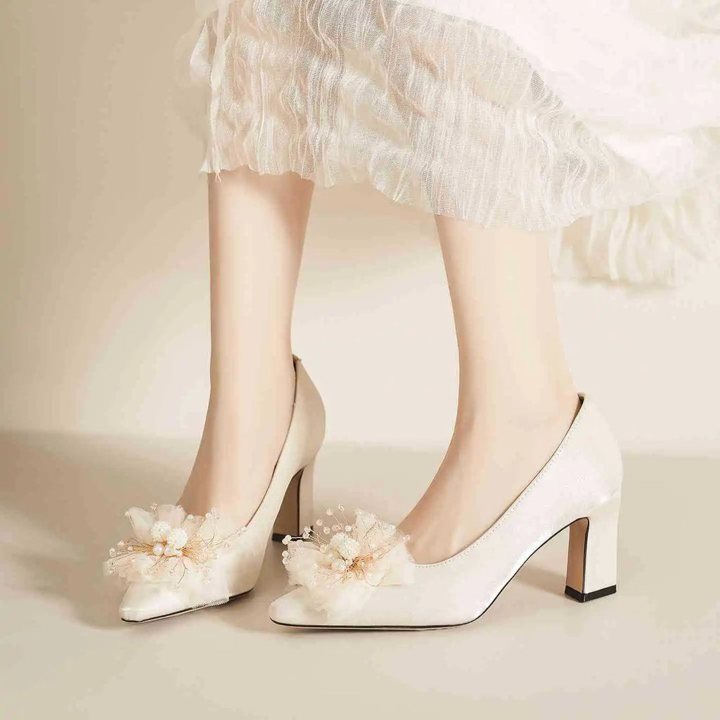 Youxianmei Solid Pumps Pointed Toe Satin Block Heel Bridal Shoes Flower Decoration High Heel Light Weight Buckle Strap High