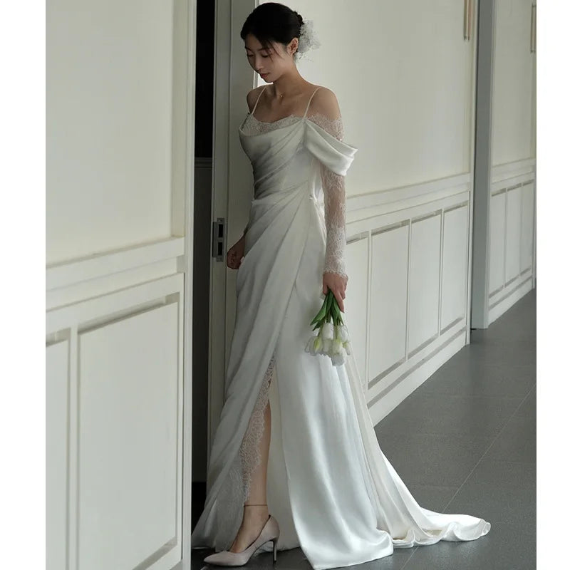 S0176G   2026 New Satin -shaped Shoulder Strap Simple Korean Welcome Bride Dragging Lace Party Dresses Women Evening Elegance
