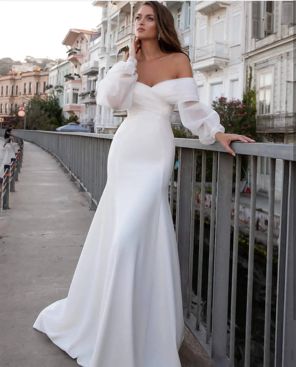 13163#Mermaid Simple Wedding Dresses Off-Shoulder Puffy Sleeves Pleated Boho Civil Soft Satin Elegant Wedding Bridal Gown