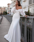 13163#Mermaid Simple Wedding Dresses Off-Shoulder Puffy Sleeves Pleated Boho Civil Soft Satin Elegant Wedding Bridal Gown