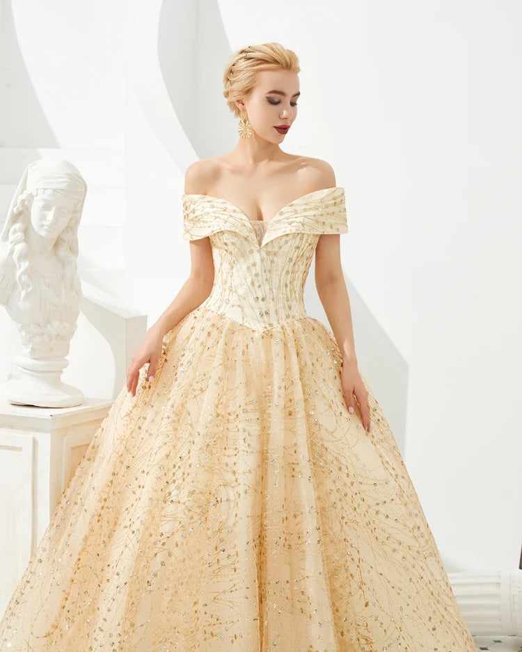 New Fashion Off the Shoulder Gold Sequin Bridal Gown Custom Made Ball Gown Evening Dresses Long