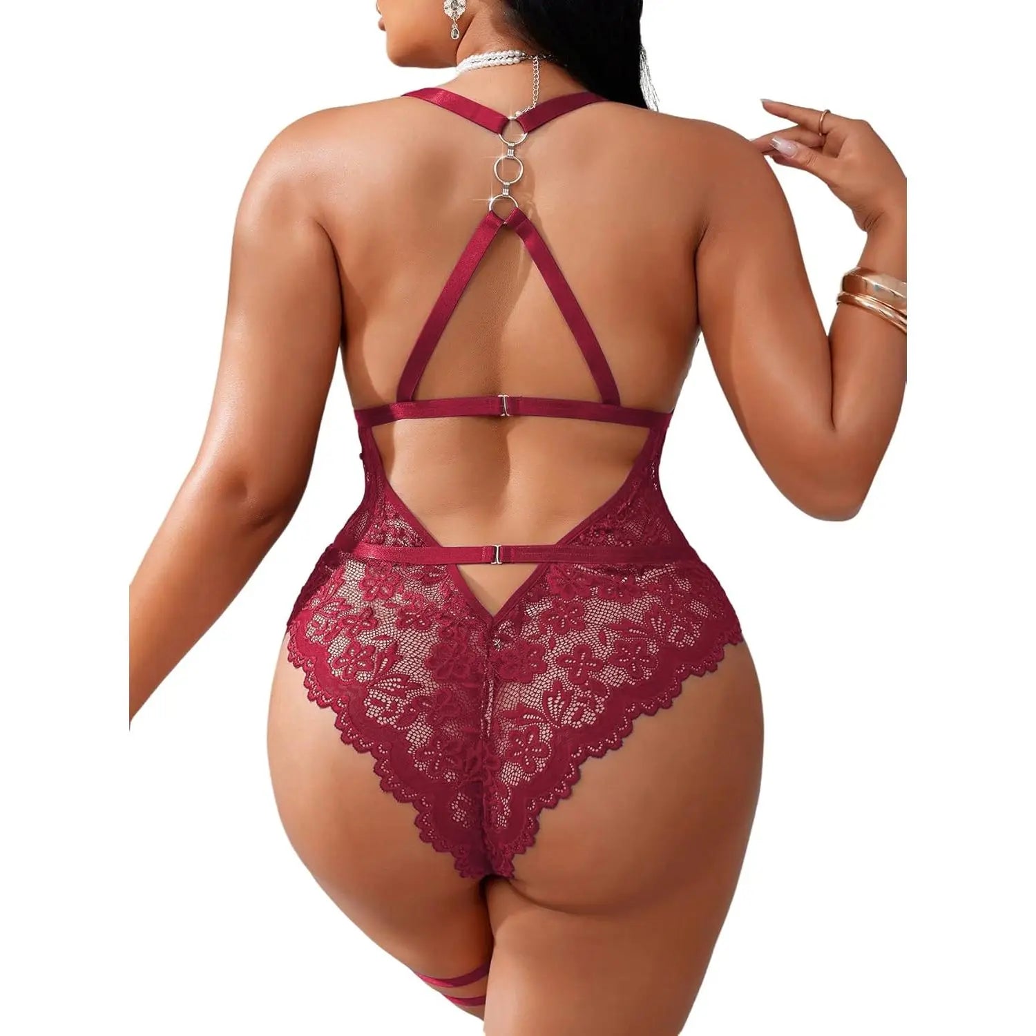 Custom Women's Plus Size Lace Teddy Bodysuit Triangle Cup Deep V Neck High-Rise One-Piece Lingerie Set Leg Ring Hand Wash Only