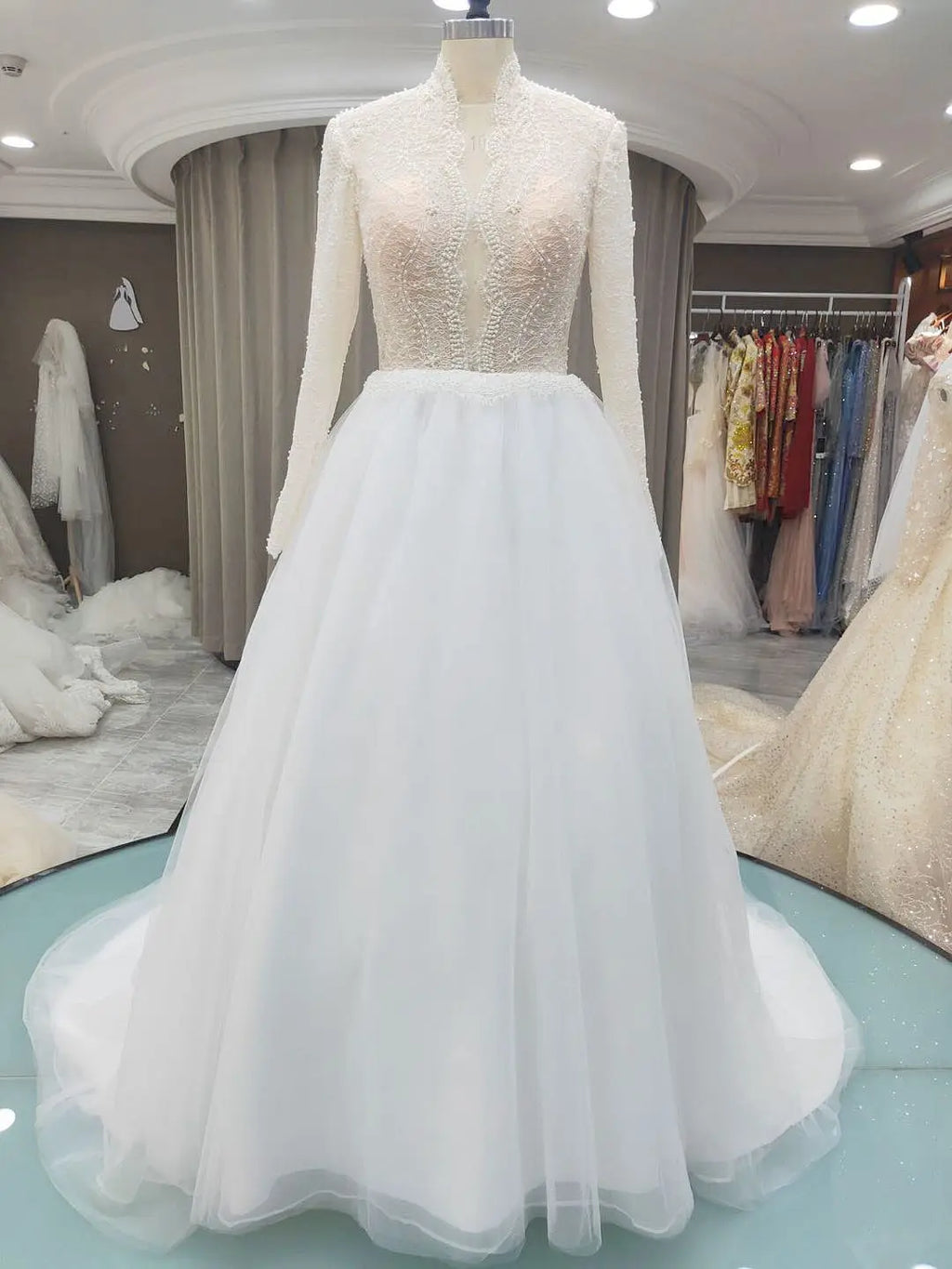 9118# High Neck Casual Beach A-Line Lace Beading Puffy  Wedding Dresses Long Sleeve  Lace Boho Wedding Dress Bridal Gown
