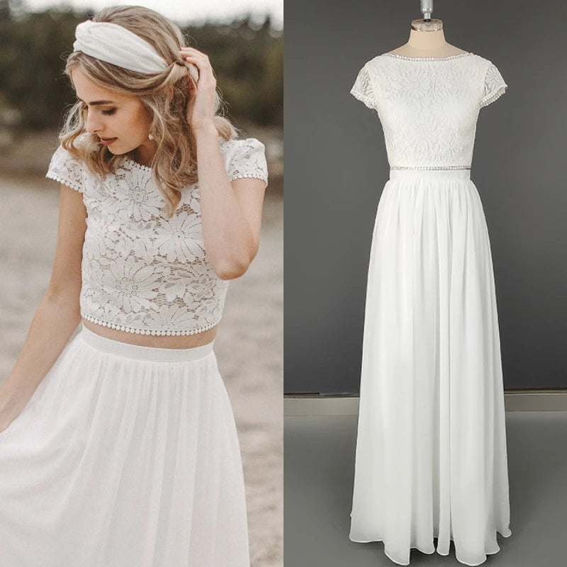 12178# Real Photos Two Piece Appliques Lace Soft Chiffon Wedding Dress for Engagement Backless Sweep Train Bridal Gown