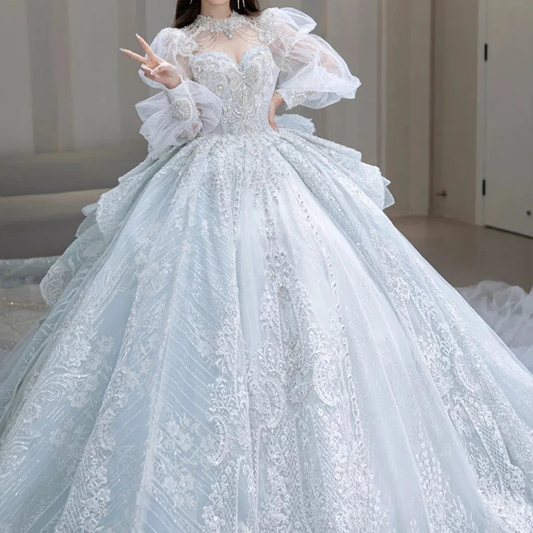 S0418T High-End Bohemian Wedding Dress One-Shoulder Beaded Diamond Tulle Elegant Dreamy Simple Spring Bridal Gown High Collar
