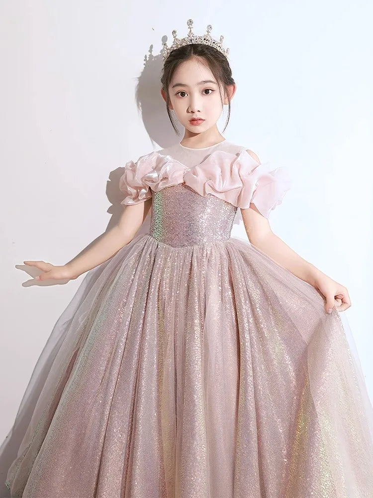 Girl Wedding Dress Solid Color Long Children Party Flower Girls Dress a Line Baby Girl We