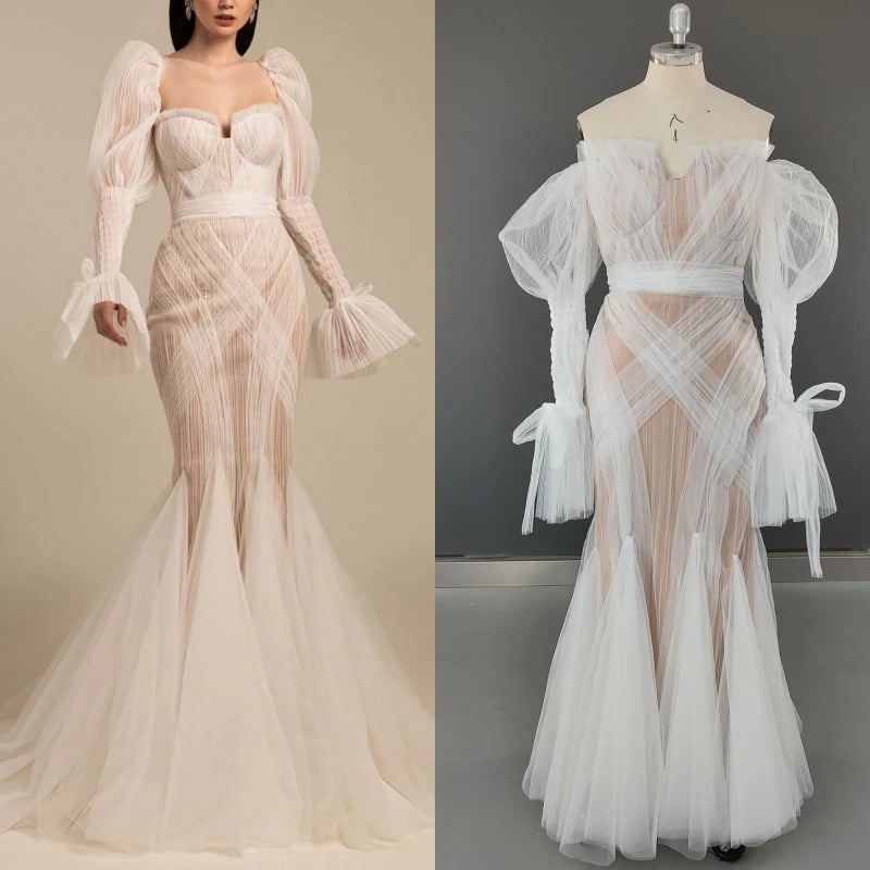 8692# Real Photos Exquisite Lace Mermaid Wedding Dress Bridal Gown for Women Puffy Sleeves Tulle Sweep Train Even Dresses