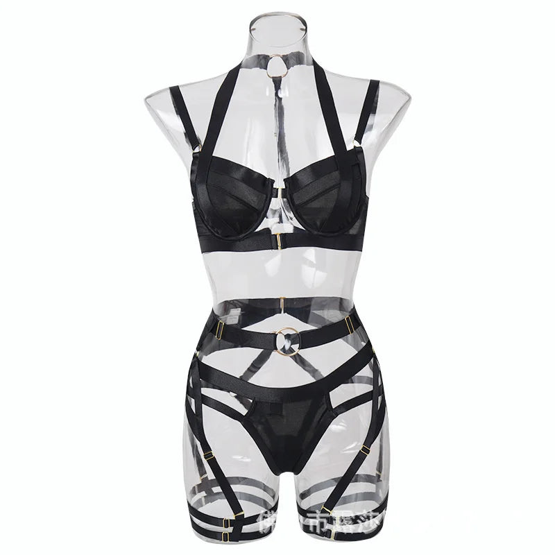 Three-Piece Bra, Thong, and Garter Teddy Set