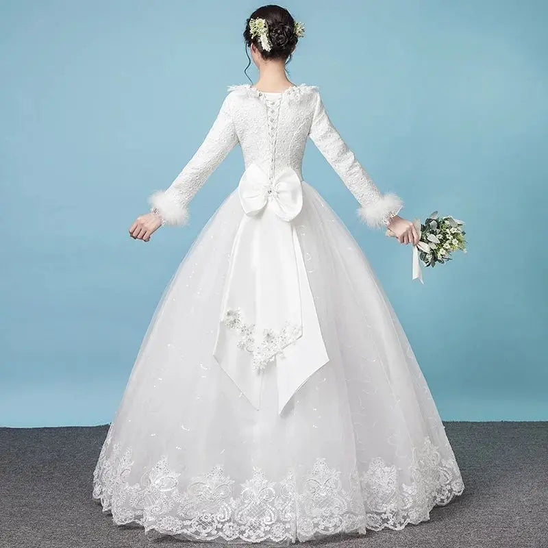 Spring Autumn Korean Lace Long Sleeve Bride Plus Size Floor Length Wedding Dresses Princess Bridal Gown
