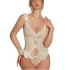 Sexy White Satin See-Through Mesh Lace-Up Hollow Shaping Firm Control 3D Thin Bodysuit Uniform Women's Pajamas