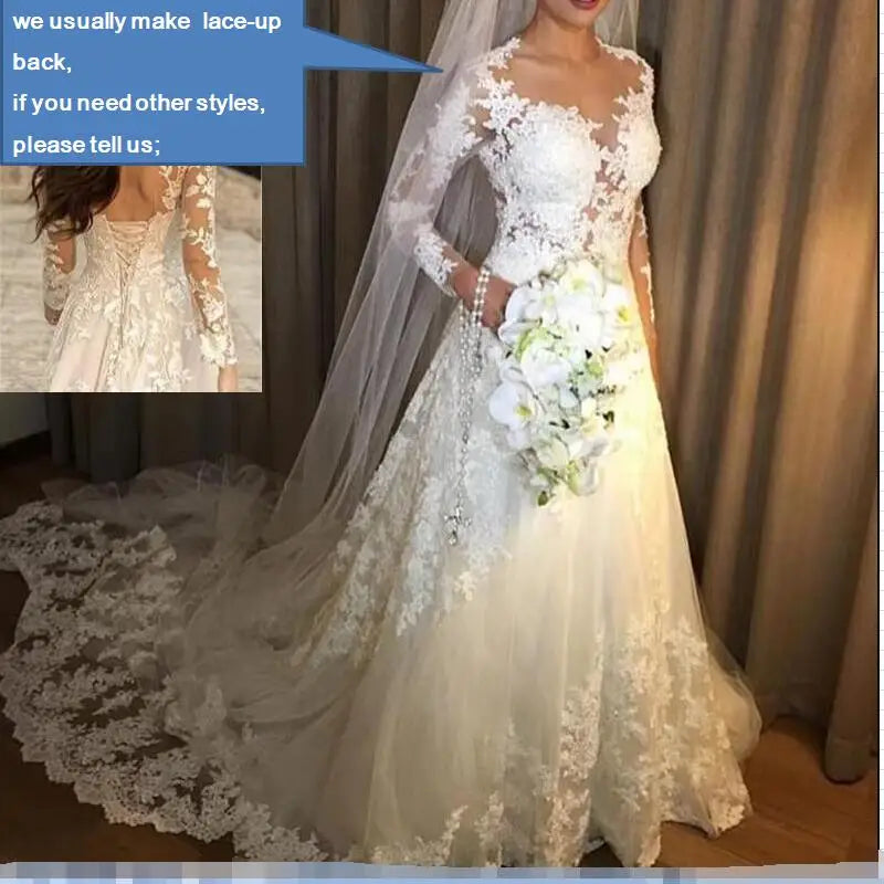 FA181 Vestido De Noiva Lace Wedding Dresses Illusion Long Sleeves Wedding Gown Bridal Dress White Ivory Saudi Arabic Bridal Gown