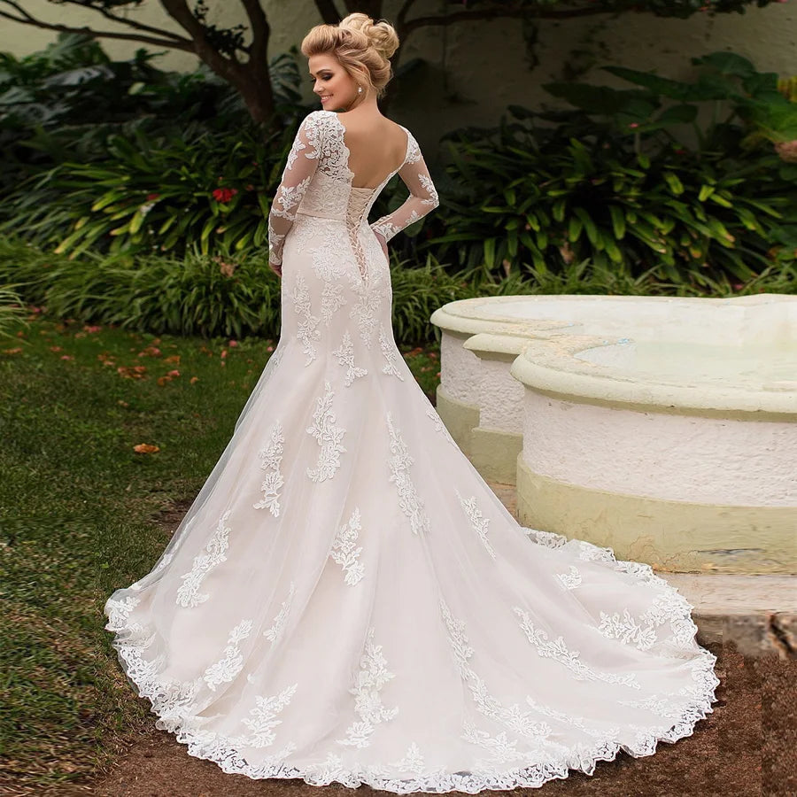 Hot Sale Simple Lace Customized Backless Appliqued  Mermaid Wedding Dresses Bridal Gown With Long Sleeve Lace up MWB523