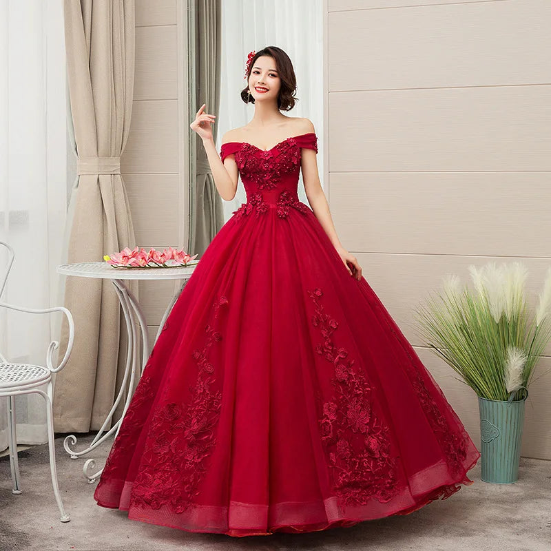 S 147A Evening Dress Long Style New Lace Beaded White Mesh Tulle Tutu Dress Slim Back Straps Bridal Wedding Dress