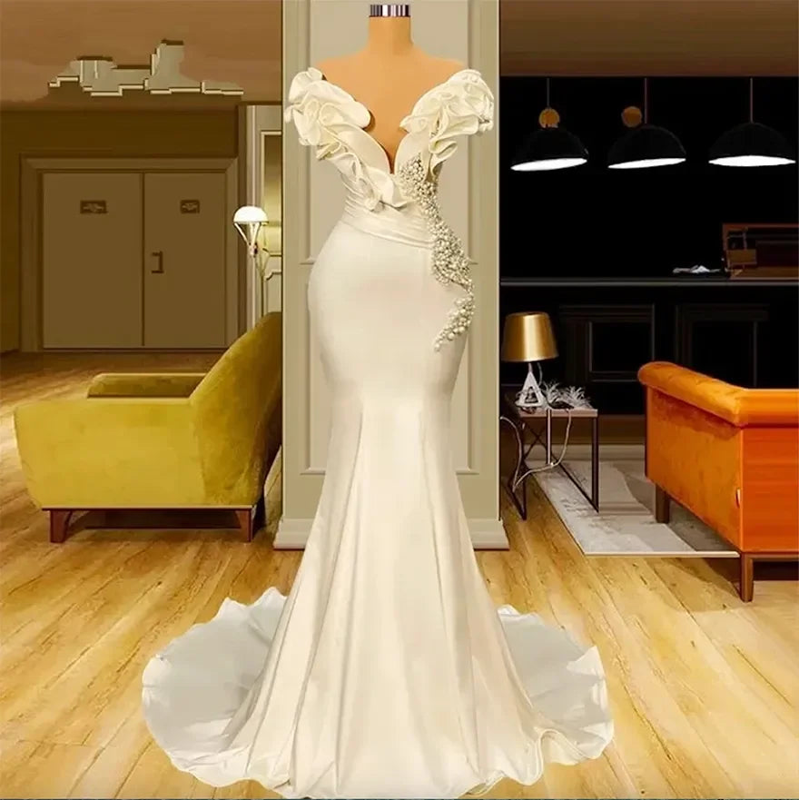 Dubai Saudi Arabia Pearls Mermaid Wedding Dresses Off the Shoulder Ivory Satin Ruffles Bridal Gowns Boho Bride Reception MW652