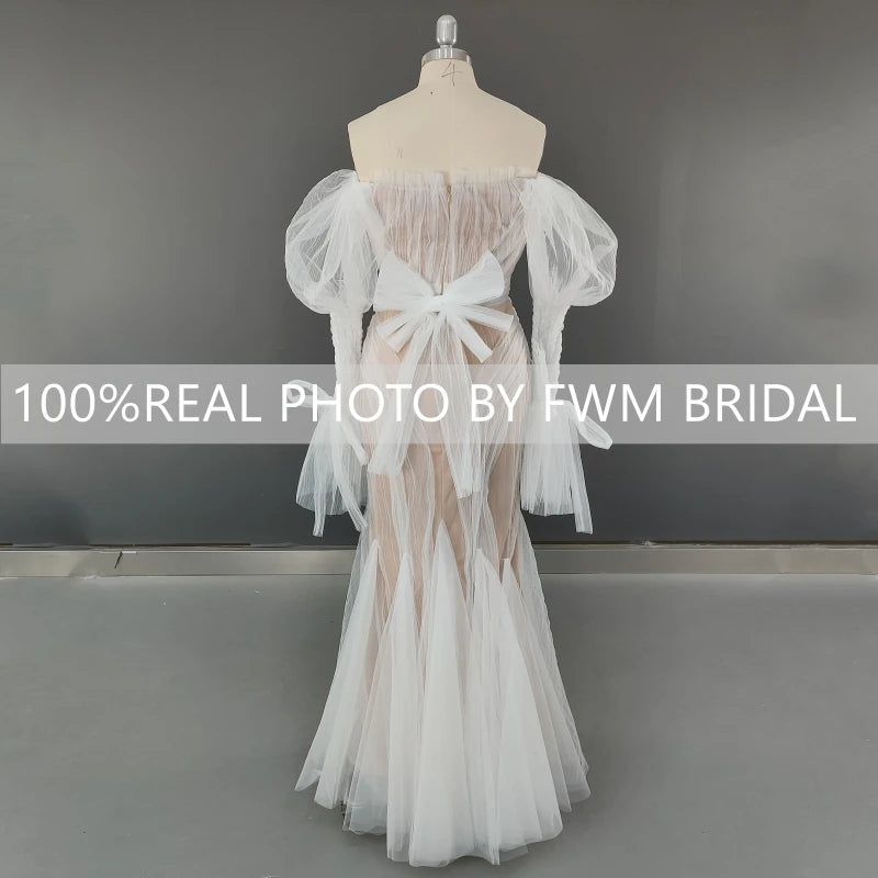 8692# Real Photos Exquisite Lace Mermaid Wedding Dress Bridal Gown for Women Puffy Sleeves Tulle Sweep Train Even Dresses