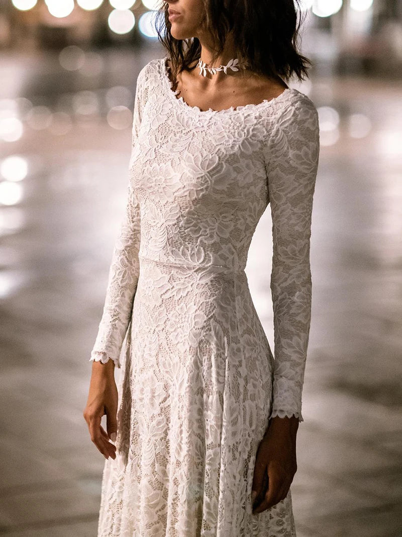 10561#Bohemian Beach Boat Neck Beach A-Line Lace Ruched Sexy Backless Sweep Train Long Sleeves Long Wedding Dress Bridal Gown