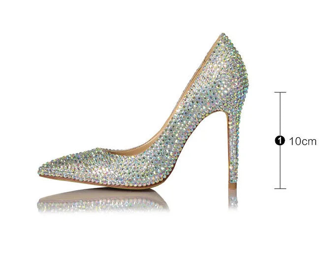 Luxury Full Rhinestone Wedding Pumps Glitter Crystal Stiletto Heels Pointed Toe 10 cm High Heels Ladies Evening Dress Shoes
