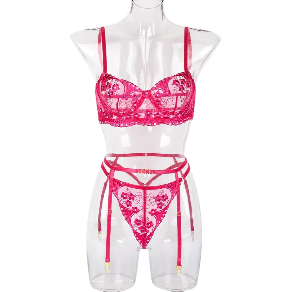 Night Wear Sexy Lace 3 Three Pieces Set Bra and G String Briefs Panty Set Transparent Erotic Sexy Lingerie Woman Lingerie Erotic