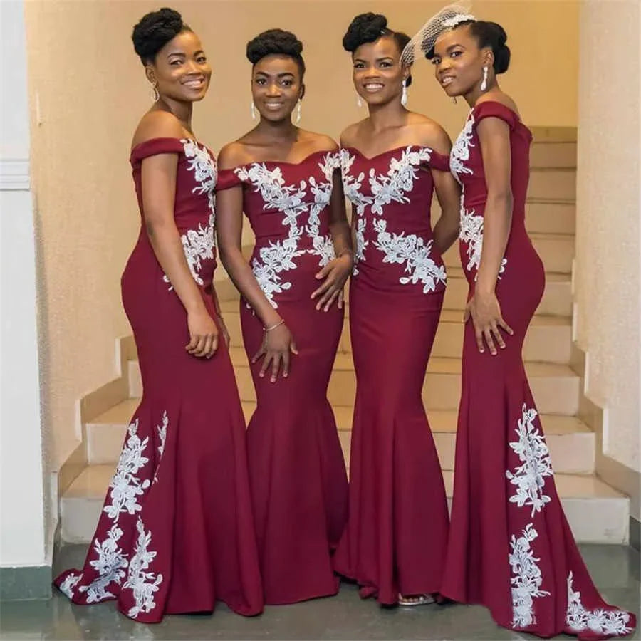 Morili Off the Shoulder Appliqued Burgundy Red Lace  Elegant African Maid of Honor Mermaid Burgundy Long Bridesmaid Dress MBA485