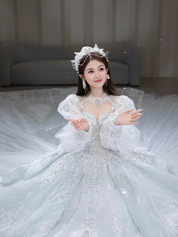 S0418T High-End Bohemian Wedding Dress One-Shoulder Beaded Diamond Tulle Elegant Dreamy Simple Spring Bridal Gown High Collar