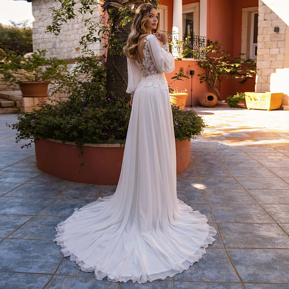 13162#A-Line Simple Wedding Dresses Scoop Illusion Back Puffy Sleeves Lace Applique Boho Civil Chiffon Wedding Bridal Gown