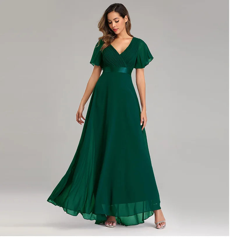 XU90812 High Quality Hand Folded Bridesmaid Dresses Large Swing V-neck Flare Sleeve Chiffon Dress Elegant Evening Dresses 2022