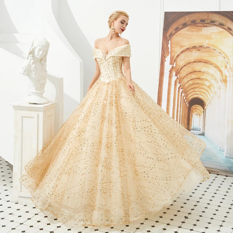 New Fashion Off the Shoulder Gold Sequin Bridal Gown Custom Made Ball Gown Evening Dresses Long