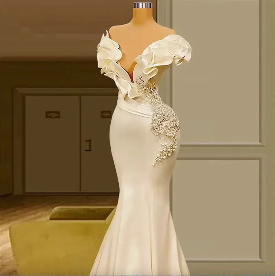 Dubai Saudi Arabia Pearls Mermaid Wedding Dresses Off the Shoulder Ivory Satin Ruffles Bridal Gowns Boho Bride Reception MW652