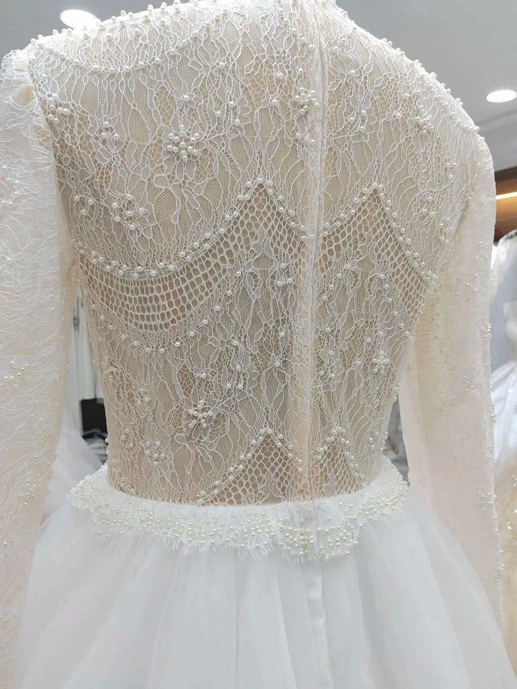 9118# High Neck Casual Beach A-Line Lace Beading Puffy  Wedding Dresses Long Sleeve  Lace Boho Wedding Dress Bridal Gown