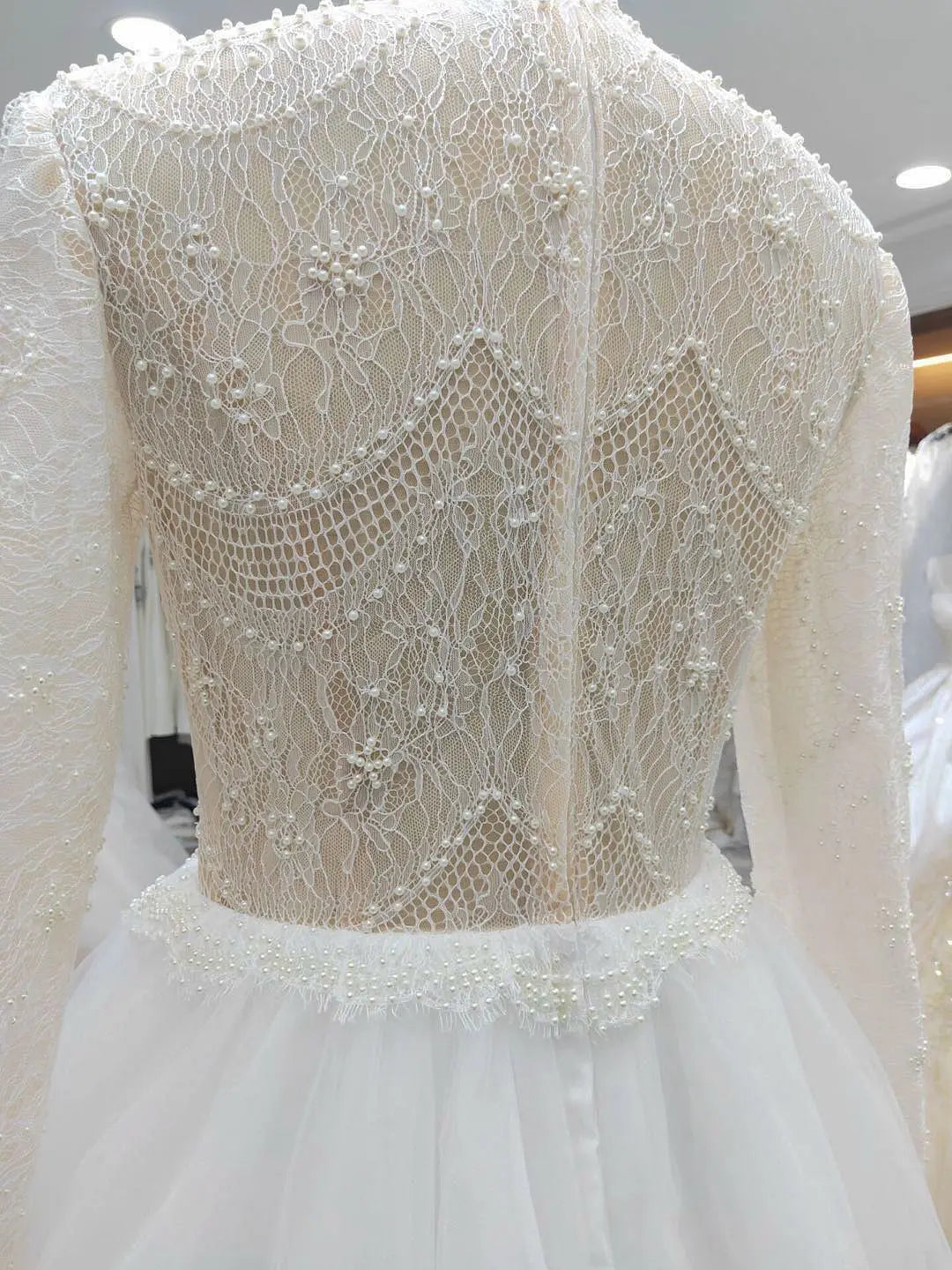 9118# High Neck Casual Beach A-Line Lace Beading Puffy  Wedding Dresses Long Sleeve  Lace Boho Wedding Dress Bridal Gown