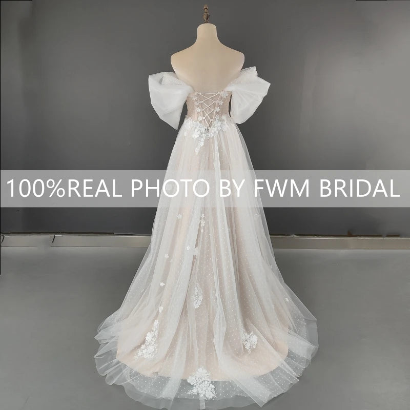 4562# Real Photos 3D Flowers Off Shoulder V-neck A-line Wedding Dress Sweep Train Bridal Gown High Slit Low Back Polka Dots Lace