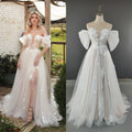 4562# Real Photos 3D Flowers Off Shoulder V-neck A-line Wedding Dress Sweep Train Bridal Gown High Slit Low Back Polka Dots Lace