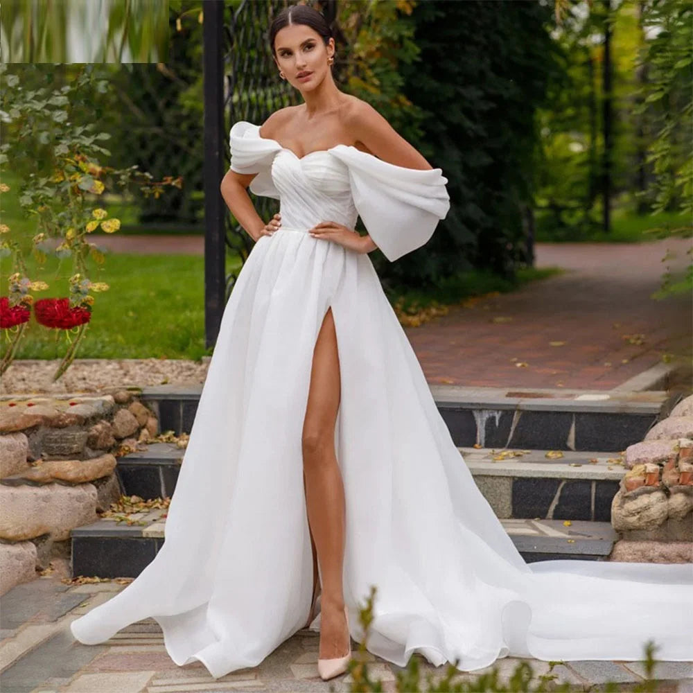 13097#Princess Boho Strapless Organza Off-Shoulder Backless Short Sleeves Simple Elegant Wedding Dress Sweep Train Bridal Gown
