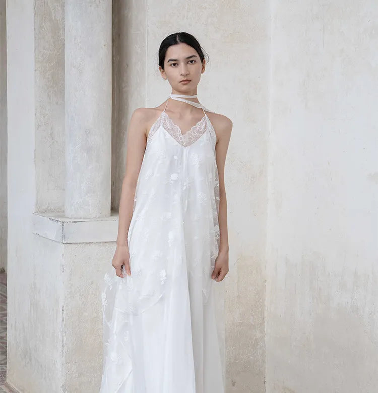 White Lace Halter Lace-Up Spaghetti Strap Floor-Length Bridal Robe Dress  Illusion Beach Vacation Banquet Gown