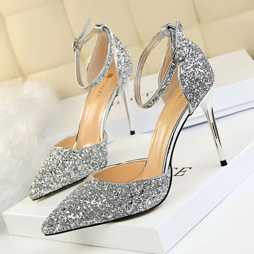 Wholesale Luxury Ladies' Summer Stilettos High Quality Bling Sandals Anti-Slippery Thin Heels with Ankle Buckle Bridal Shoes