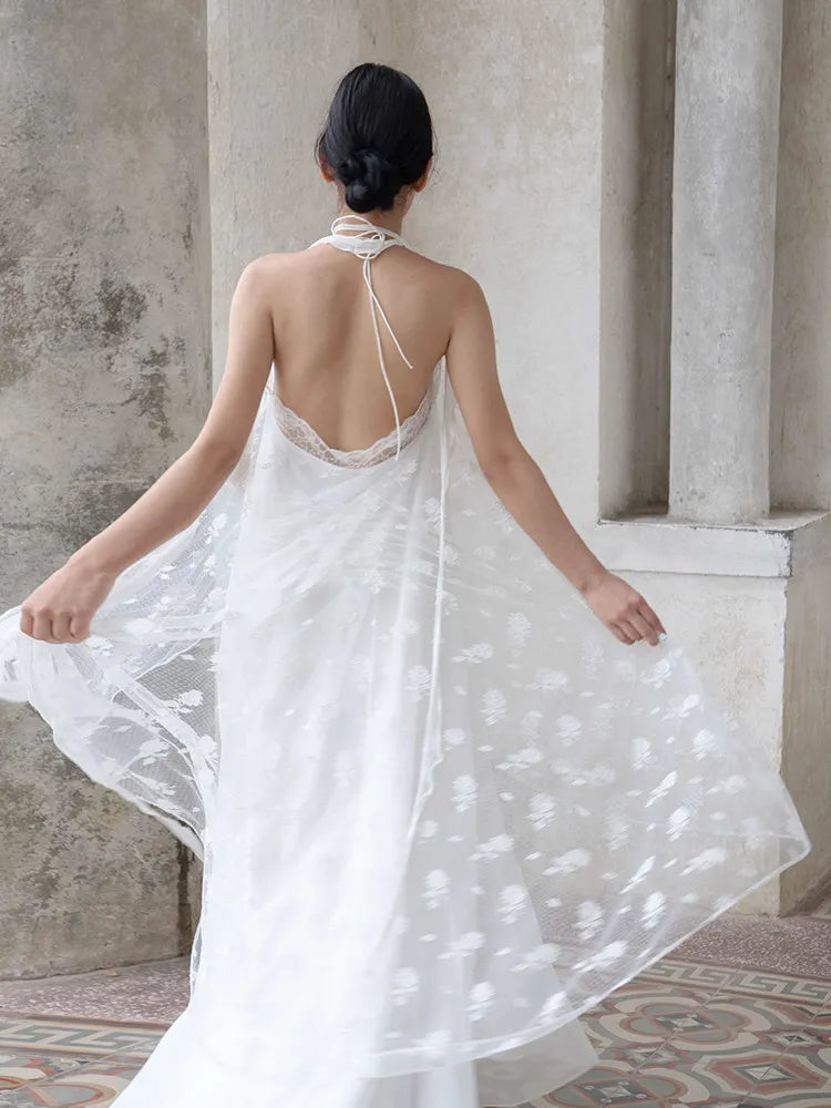 White Lace Halter Lace-Up Spaghetti Strap Floor-Length Bridal Robe Dress  Illusion Beach Vacation Banquet Gown