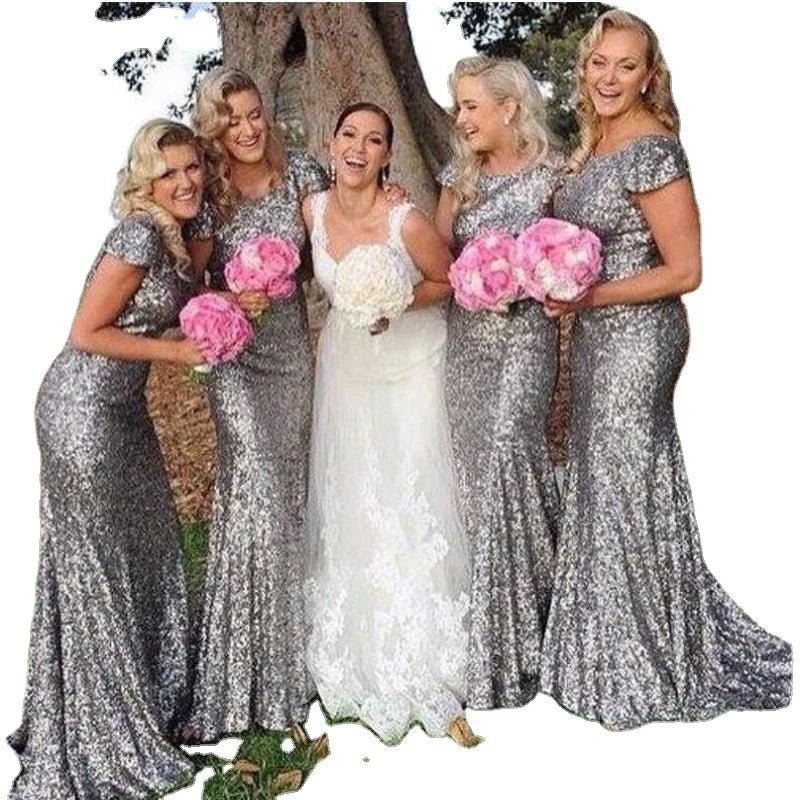 DB034 Plus Size Silver Shining Sequin Bridesmaid Dresses Sexy Backless Long Wedding Party Gowns Simple Maid of Honor Dress
