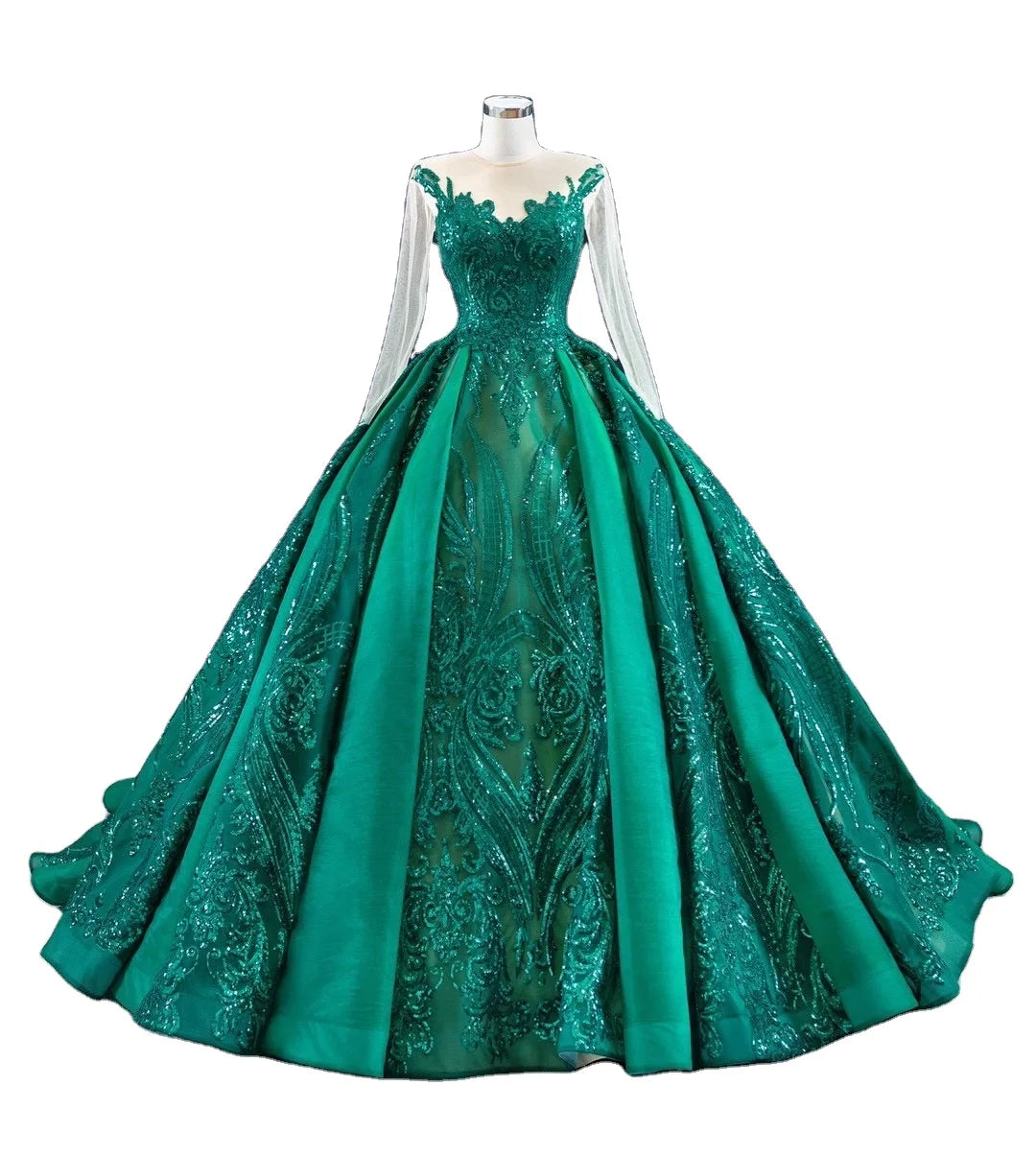 Feishiluo Luxury Green Sequin Lace Crystal Wedding Dress Long Sleeves Beaded Floral Appliques Embroidery Sweep Train Ball Gown