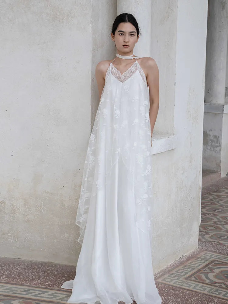White Lace Halter Lace-Up Spaghetti Strap Floor-Length Bridal Robe Dress  Illusion Beach Vacation Banquet Gown