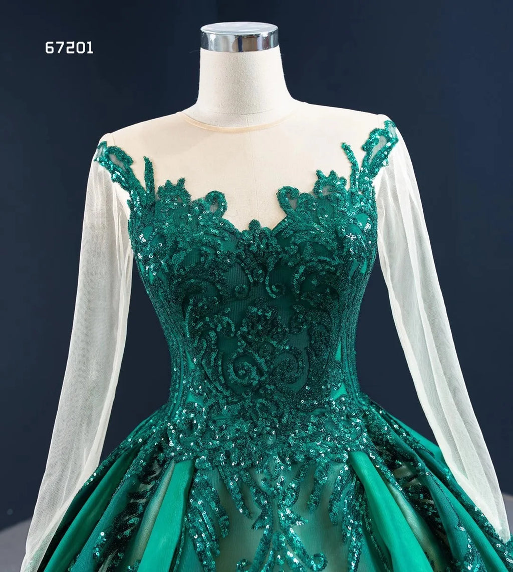 Feishiluo Luxury Green Sequin Lace Crystal Wedding Dress Long Sleeves Beaded Floral Appliques Embroidery Sweep Train Ball Gown