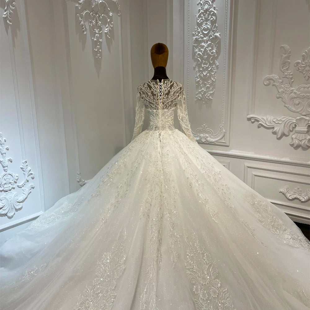Luxury Beading With Floral Applique Puffy Long Sleeve Princess Ball Gown Vintage Wedding Dress With Cathedral Train LSCJ30