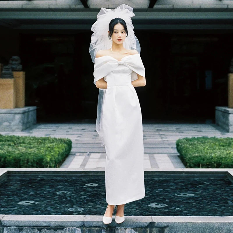 2238# Real Photos Off Shoulder Detachable Big Bow Sheath Wedding Dress for Party Low Back Soft Satin Bridal Gown Custom Made