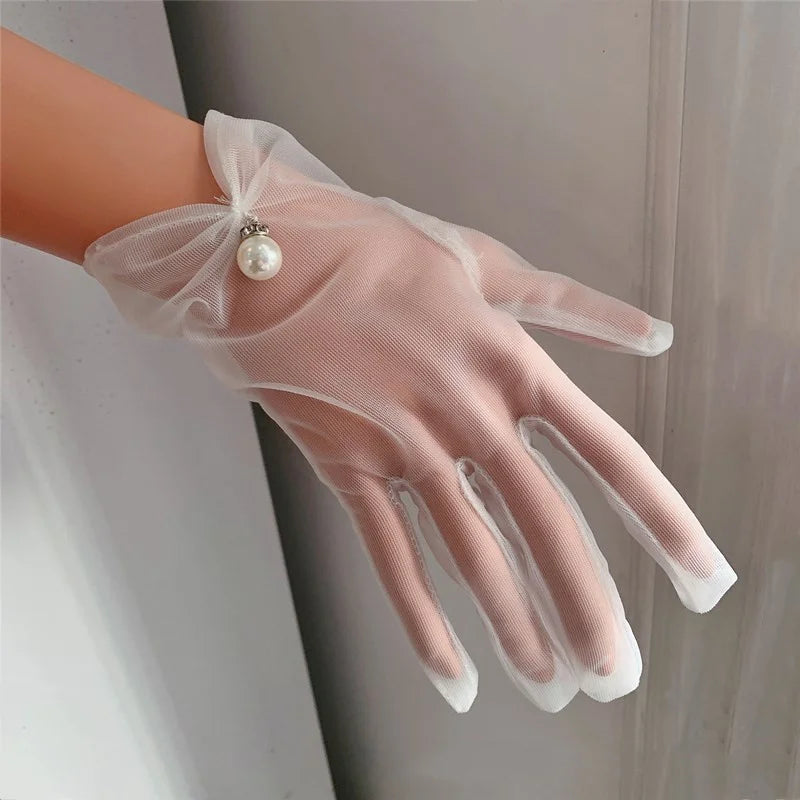 High Quality Chiffon Wedding Gloves White Short Bow Pearl Finger Women Bridal Gloves Wedding Party Accessories