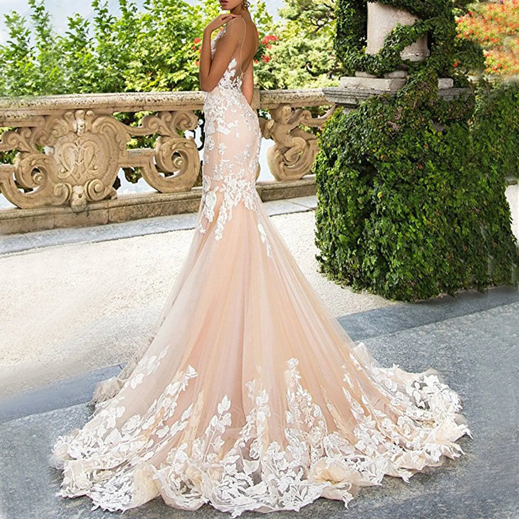 S0364T Elegant Vintage Royal Bridal Gown Mermaid Slim Long Sleeve Skin Tone Lace Round Neck Tie for Bridesmaids
