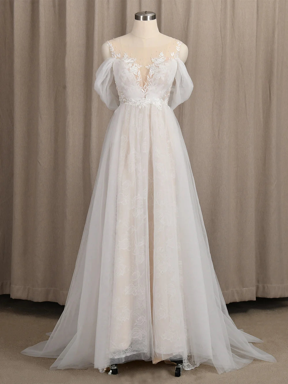 4247# Real Photos Appliques Wedding Dress O-Neck Lace Short Sleeve Illusion Straps Back A-Line Ruched Tulle  Bridal Gown