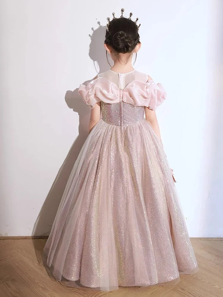 Girl Wedding Dress Solid Color Long Children Party Flower Girls Dress a Line Baby Girl We
