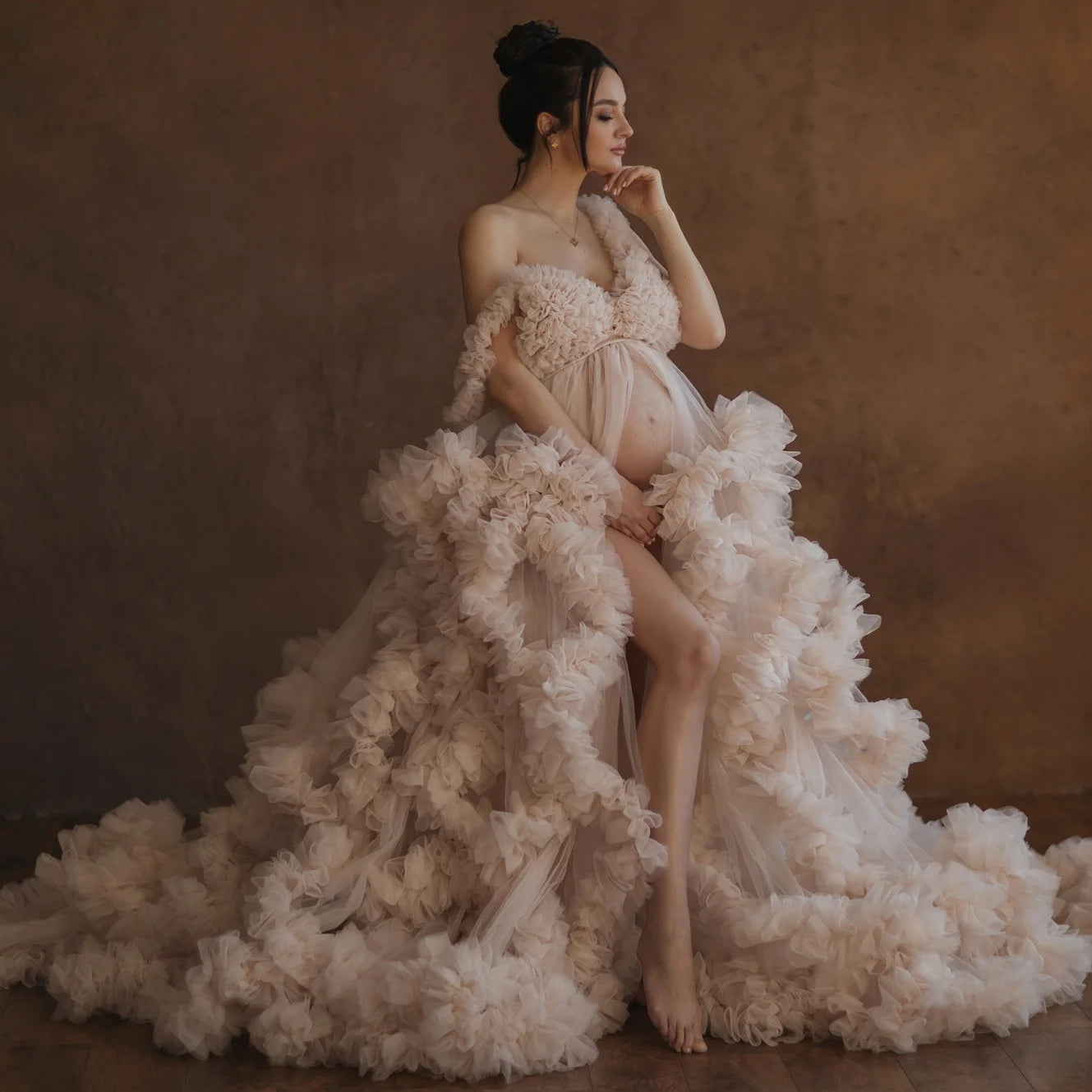 Maternity Dresses for Photography Luxury Ruffles Slit Plus Size Baby Shower Dress Flowy Empire Waist Robes Tulle Wrap Customized